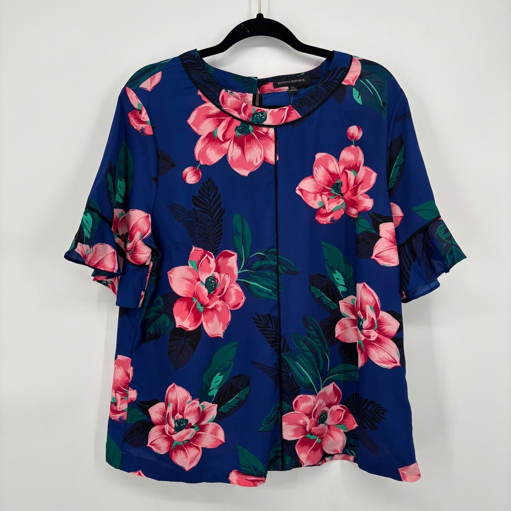 Banana Republic Short Ruffle Sleeve Botanical Print Blouse Blue/Pink Size XL NWT